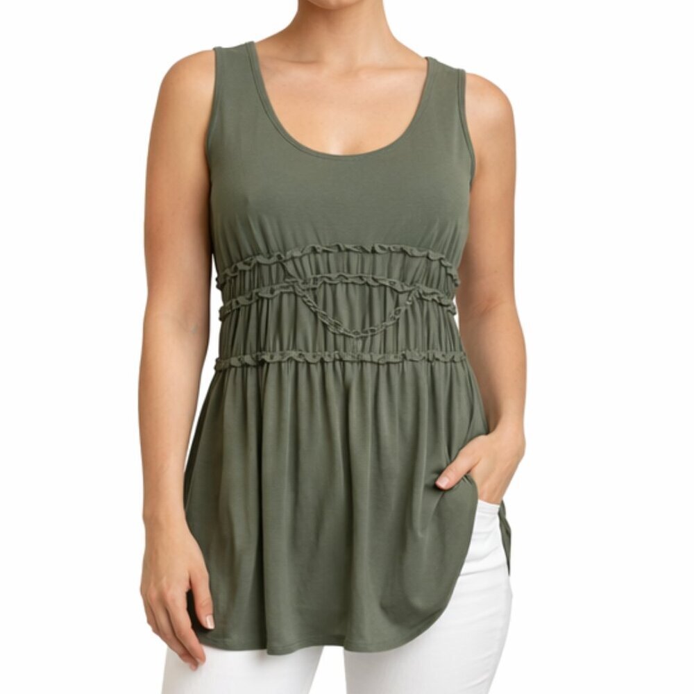 Max Studio Olive Green Ruffle Empire Waist Tank | Size Small - Picture 3 of 6